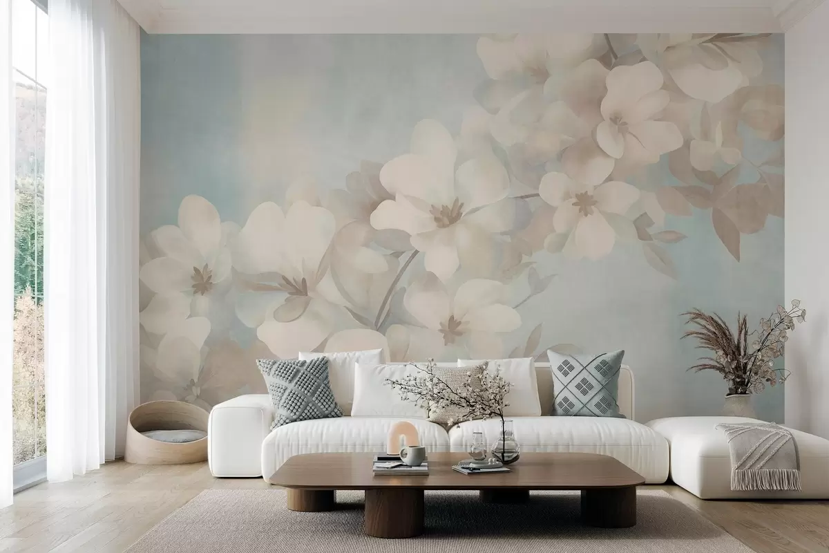 murales de pared Flores blancas en una rama, suaves tonos pastel, fondo azul claro con textura w10107