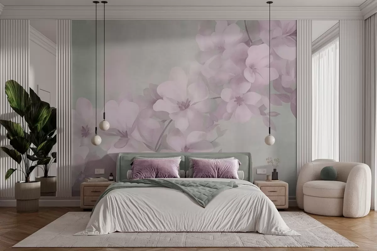 murales de pared Flores blancas en una rama, suaves tonos pastel, fondo verde claro con textura w10107v1