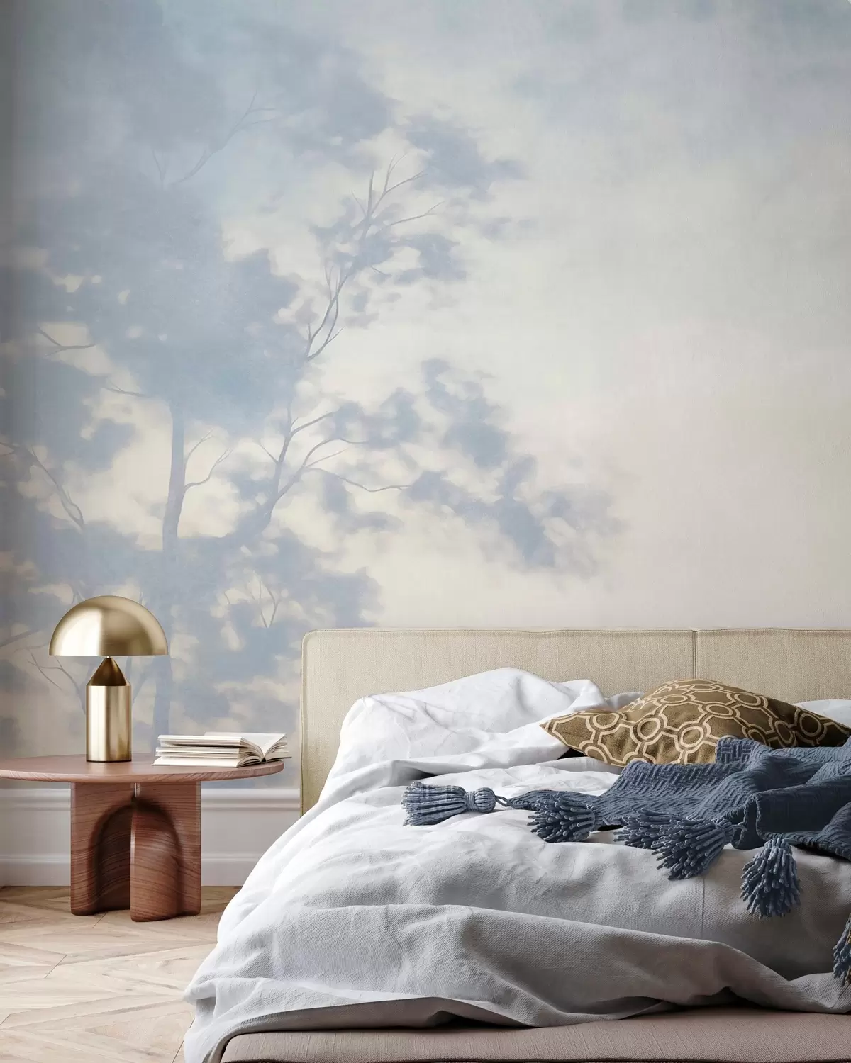 murales de pared Árbol con textura y ramas, sobre un fondo de color crema pálido y azul claro; arte minimalista w10108