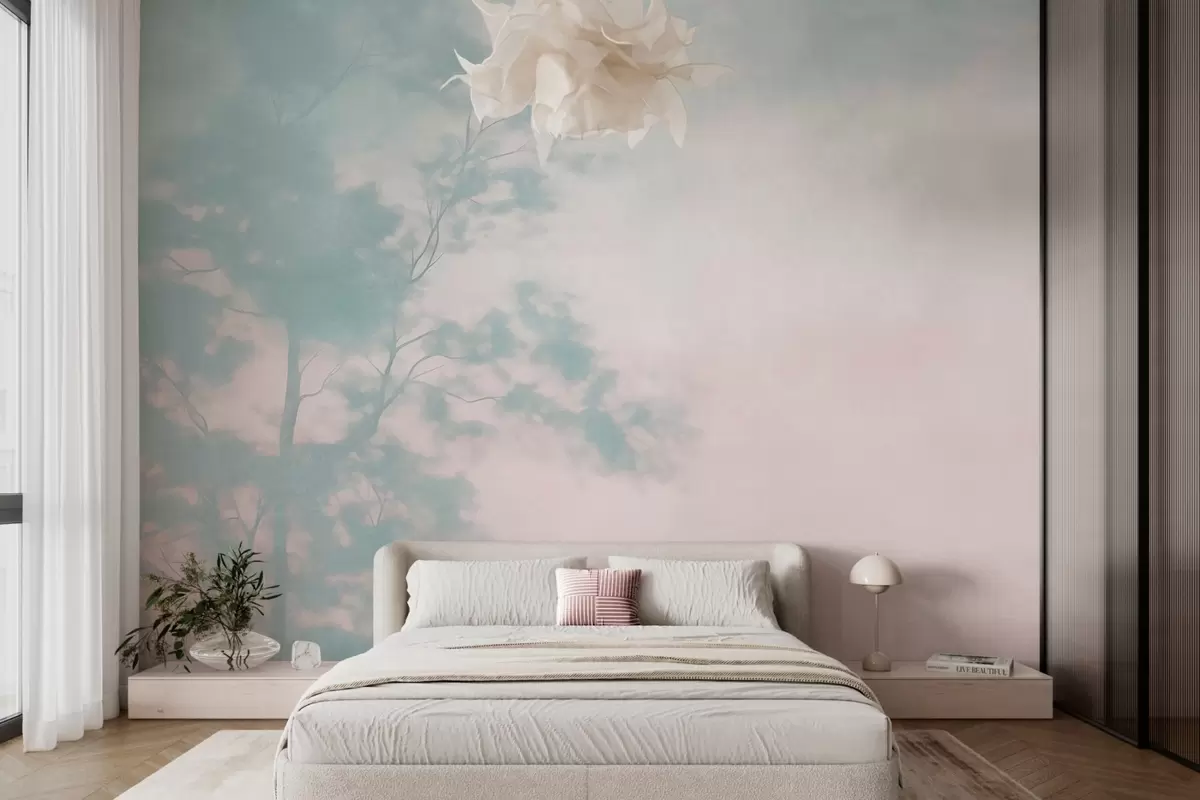 murales de pared Árbol con textura y ramas, fondo rosa pálido y turquesa, arte minimalista w10108v1