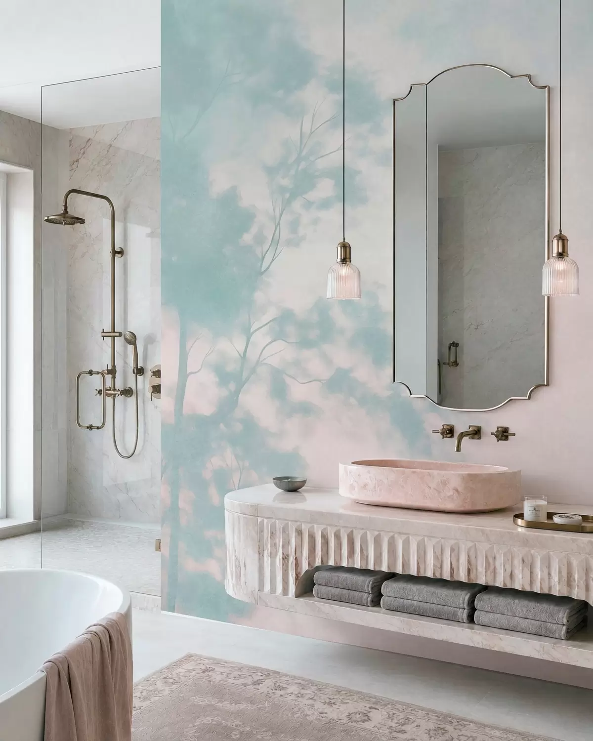 murales de pared Árbol con textura y ramas, fondo rosa pálido y turquesa, arte minimalista w10108v1