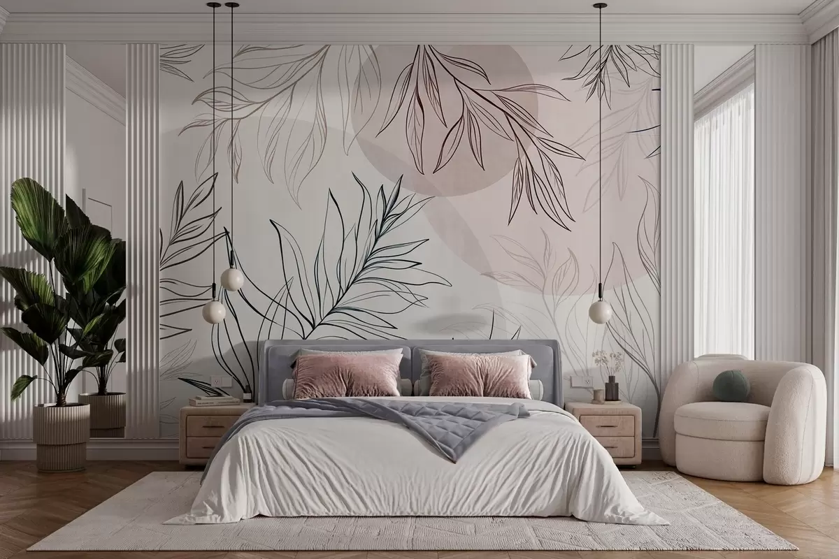 murales de pared Dibujo minimalista de hojas y follaje tropicales, con formas circulares en tonos pastel w10111