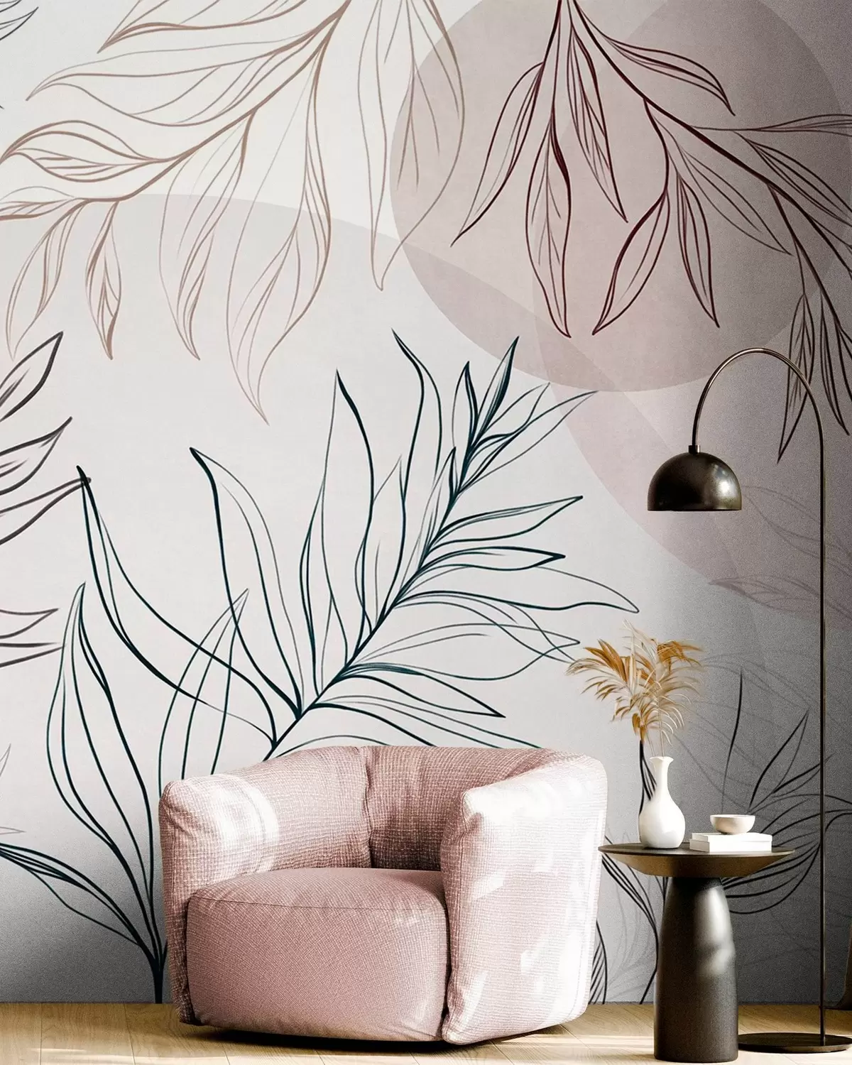 murales de pared Dibujo minimalista de hojas y follaje tropicales, con formas circulares en tonos pastel w10111