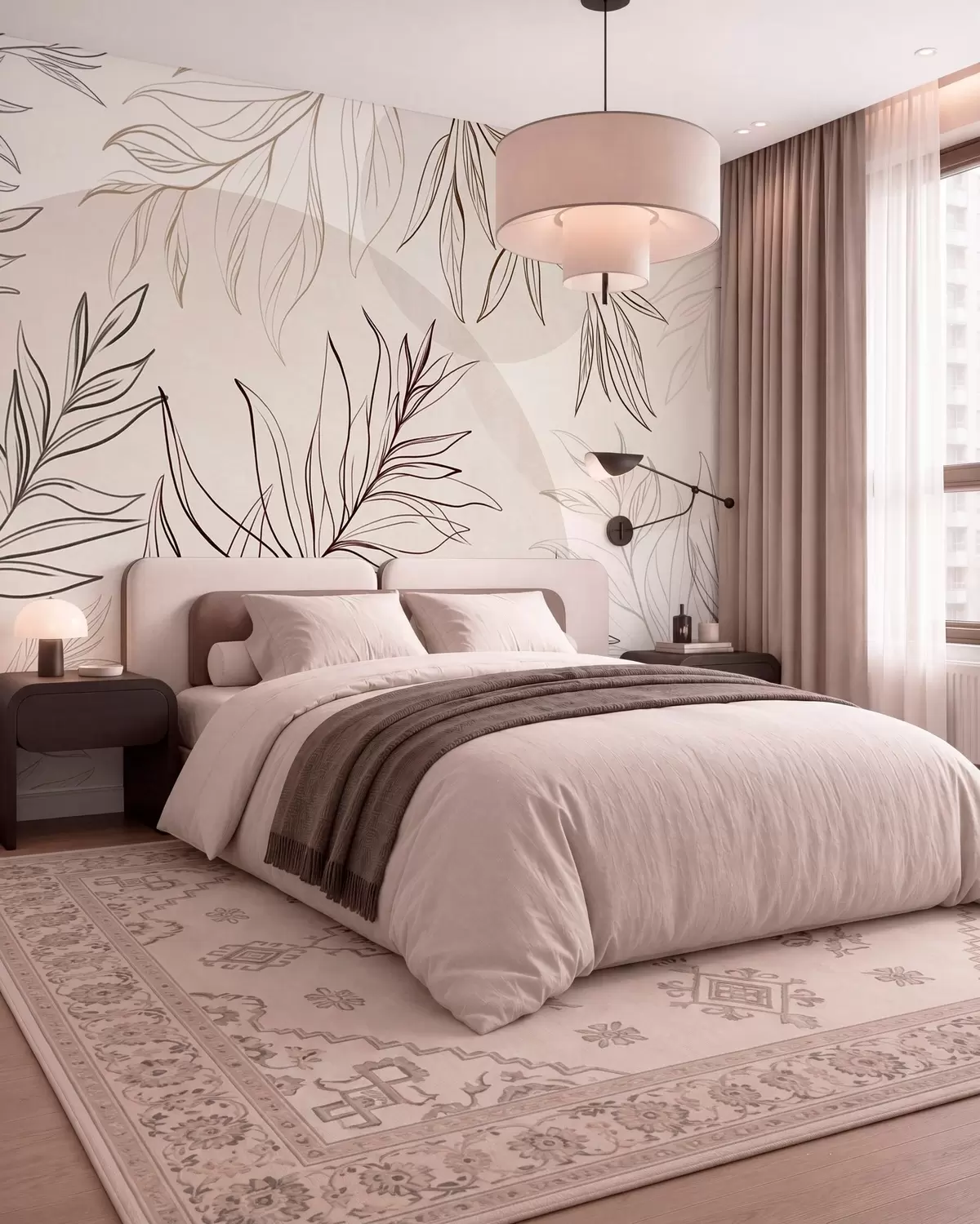 murales de pared Dibujo minimalista de hojas y follaje tropicales, con formas circulares en tonos pastel w10111v1