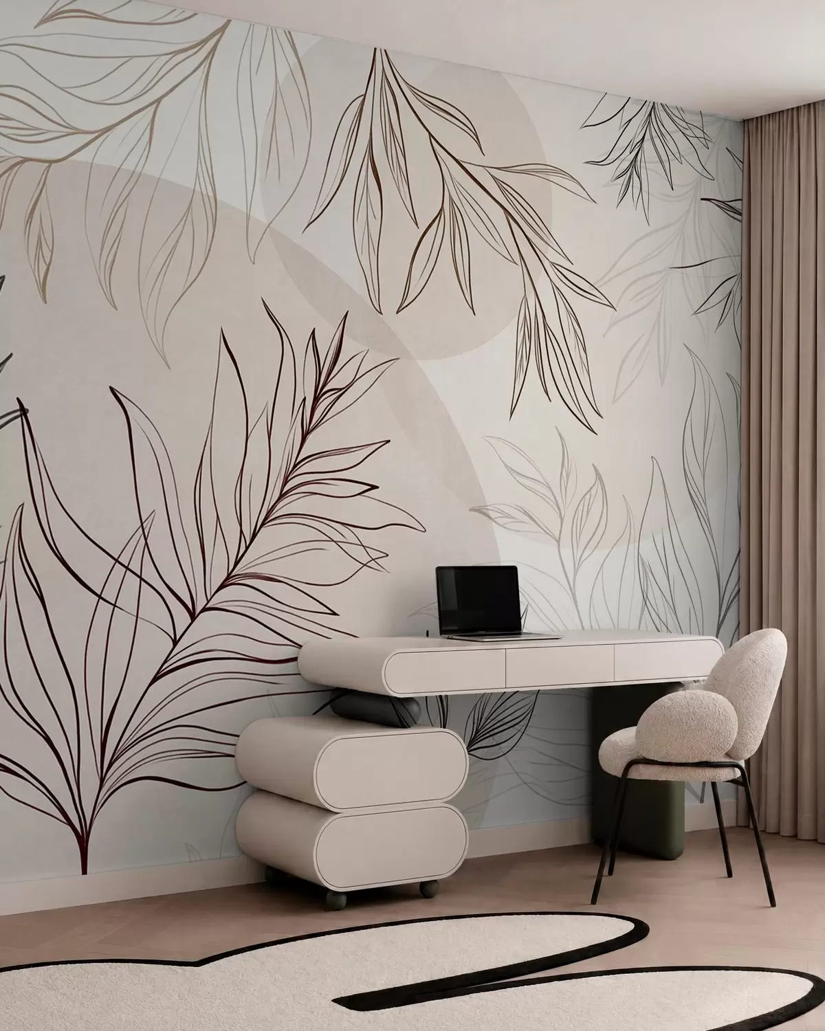 murales de pared Dibujo minimalista de hojas y follaje tropicales, con formas circulares en tonos pastel w10111v1