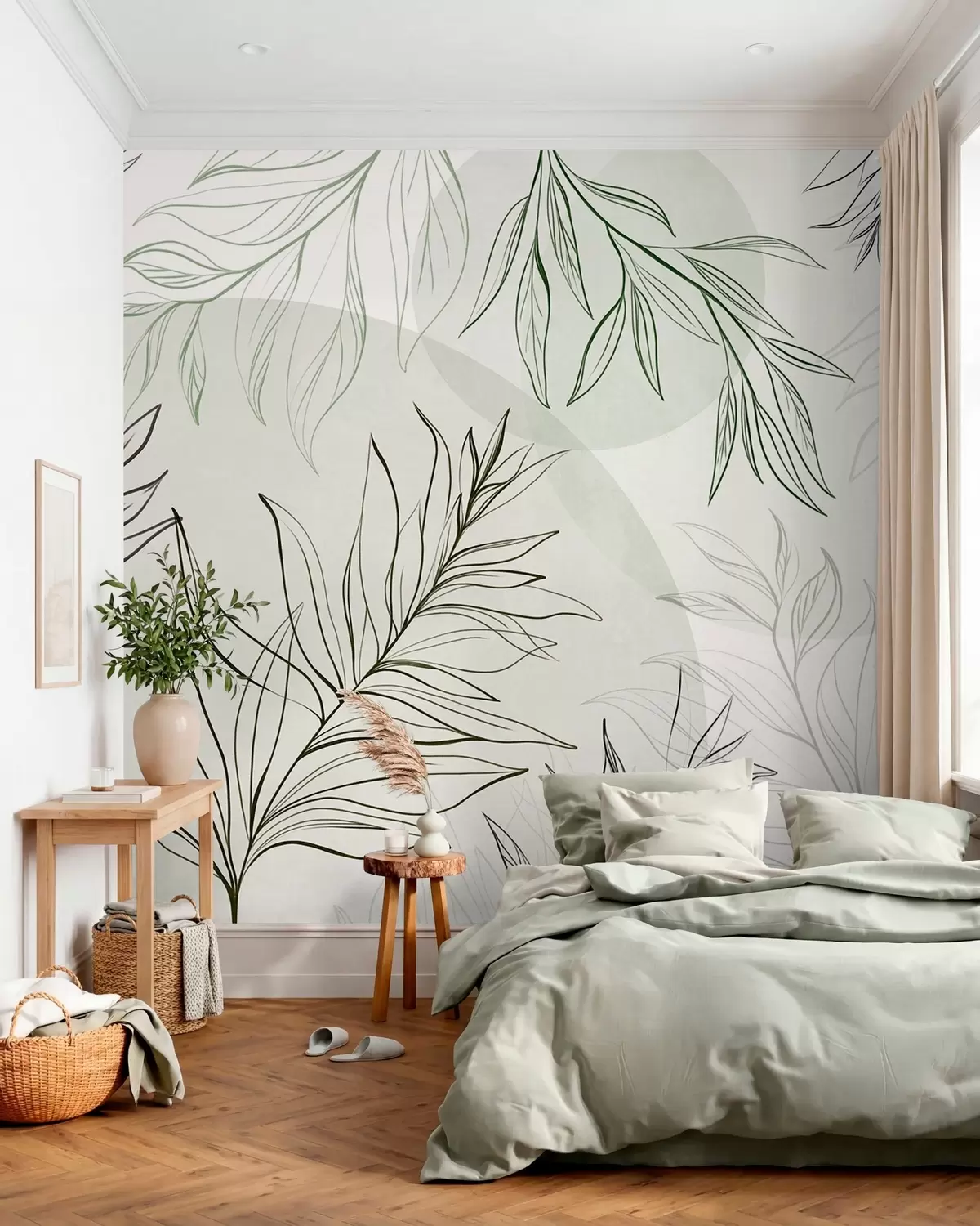 murales de pared Dibujo minimalista de hojas y follaje tropicales, con formas circulares en tonos pastel w10111v2