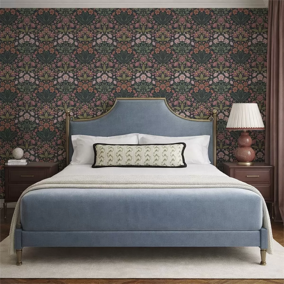 Papel pintado Flores de color rosa y terracota sobre un fondo azul oscuro a01279