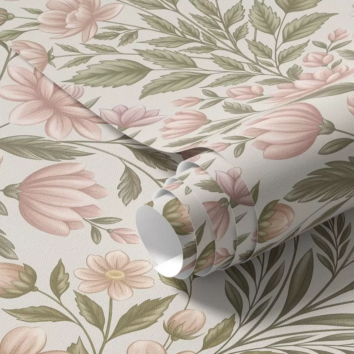 Papel pintado Flores de color rosa pálido y hojas de color verde oliva sobre un fondo claro a01279v2
