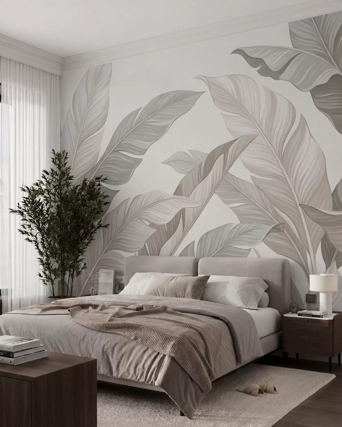 murales de pared Delicadas hojas botánicas en tonos beige natural y verde salvia w10089