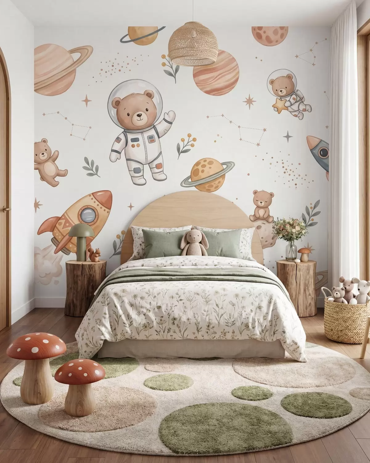 murales de pared Simpáticos ositos de peluche astronautas entre planetas, cohetes y estrellas, en un suave estilo de acuarela en tonos pastel w10096