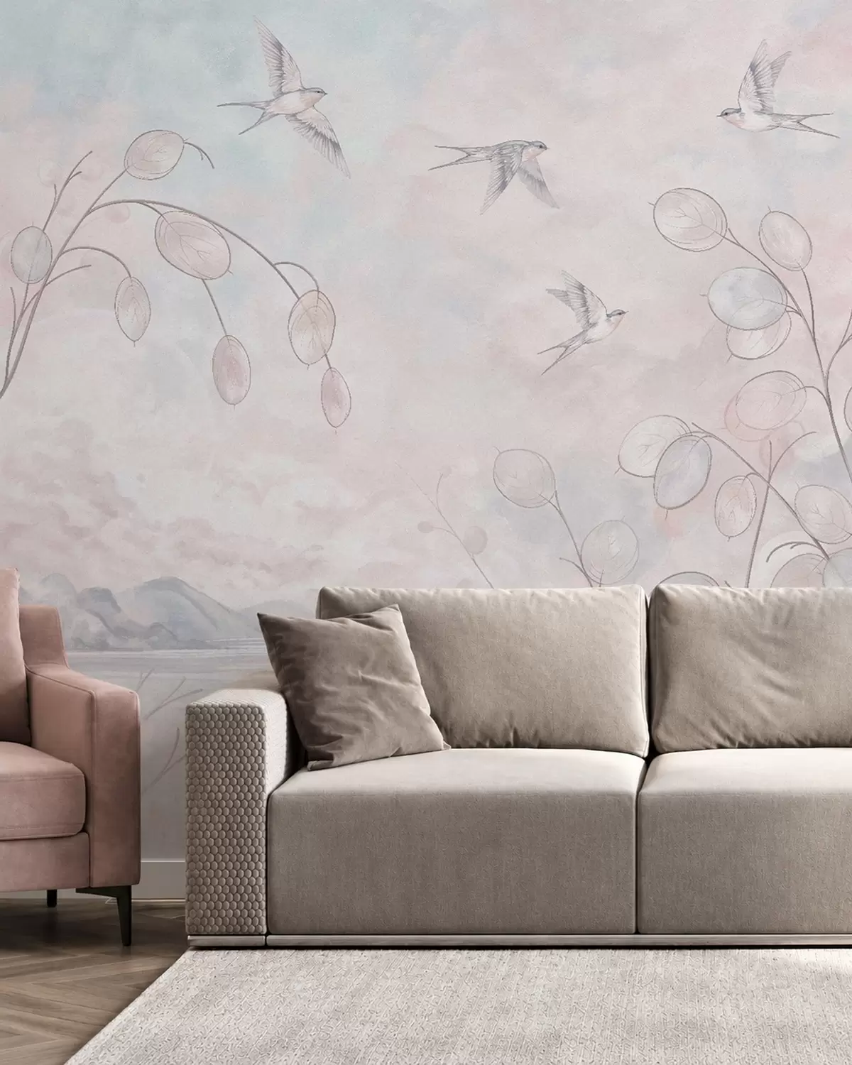 murales de pared Golondrinas y plantas delicadas en tonos pastel w05892v1