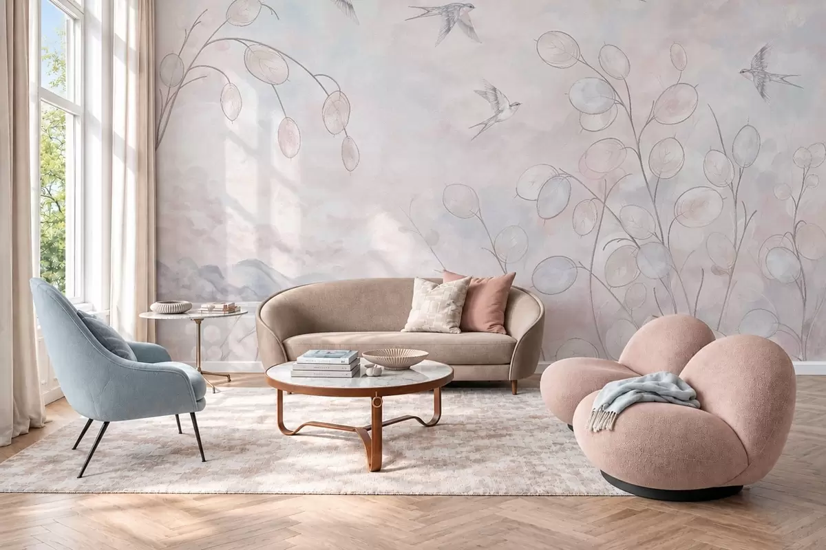 murales de pared Golondrinas y plantas delicadas en tonos pastel w05892v1