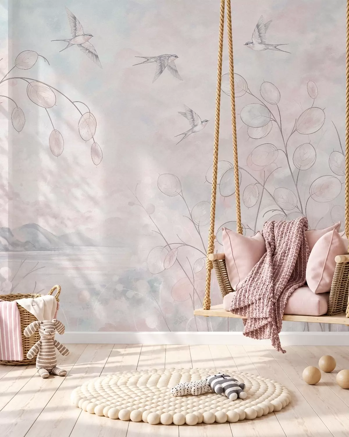 murales de pared Golondrinas y plantas delicadas en tonos pastel w05892v1