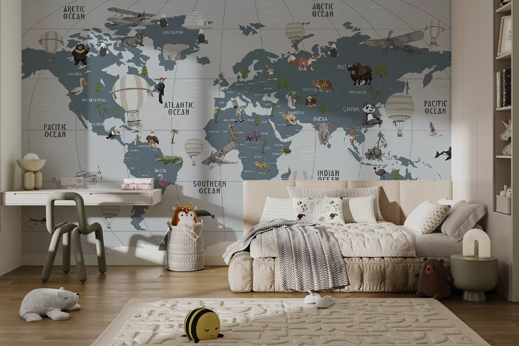 murales de pared Mapa mundial y animales sobre un fondo gris u72588