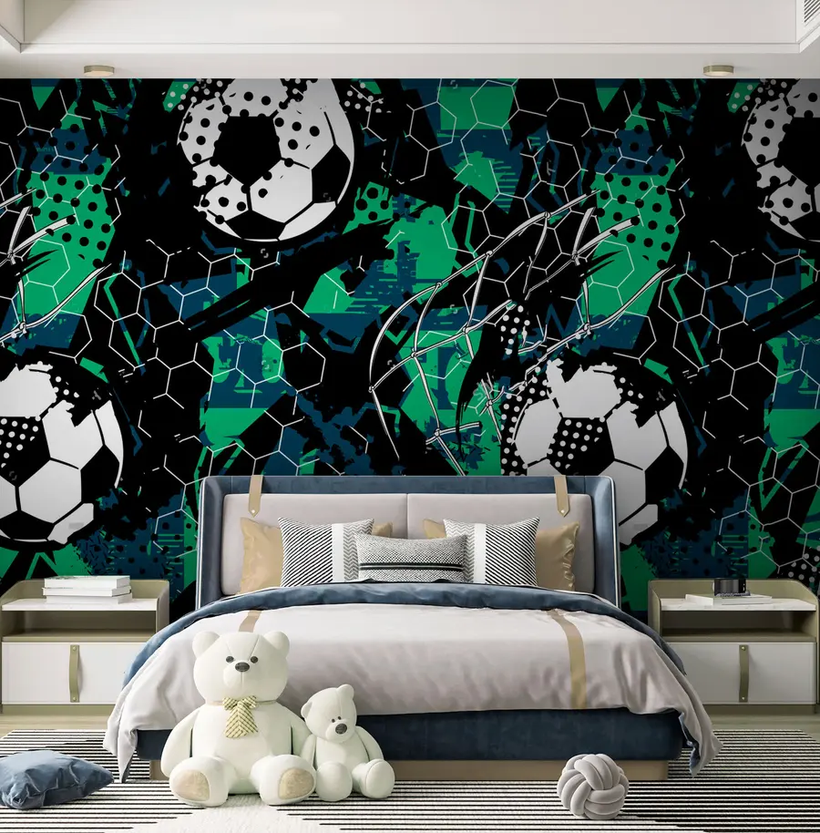 murales de pared Abstracción negro-verde y pelotas de fútbol u73014