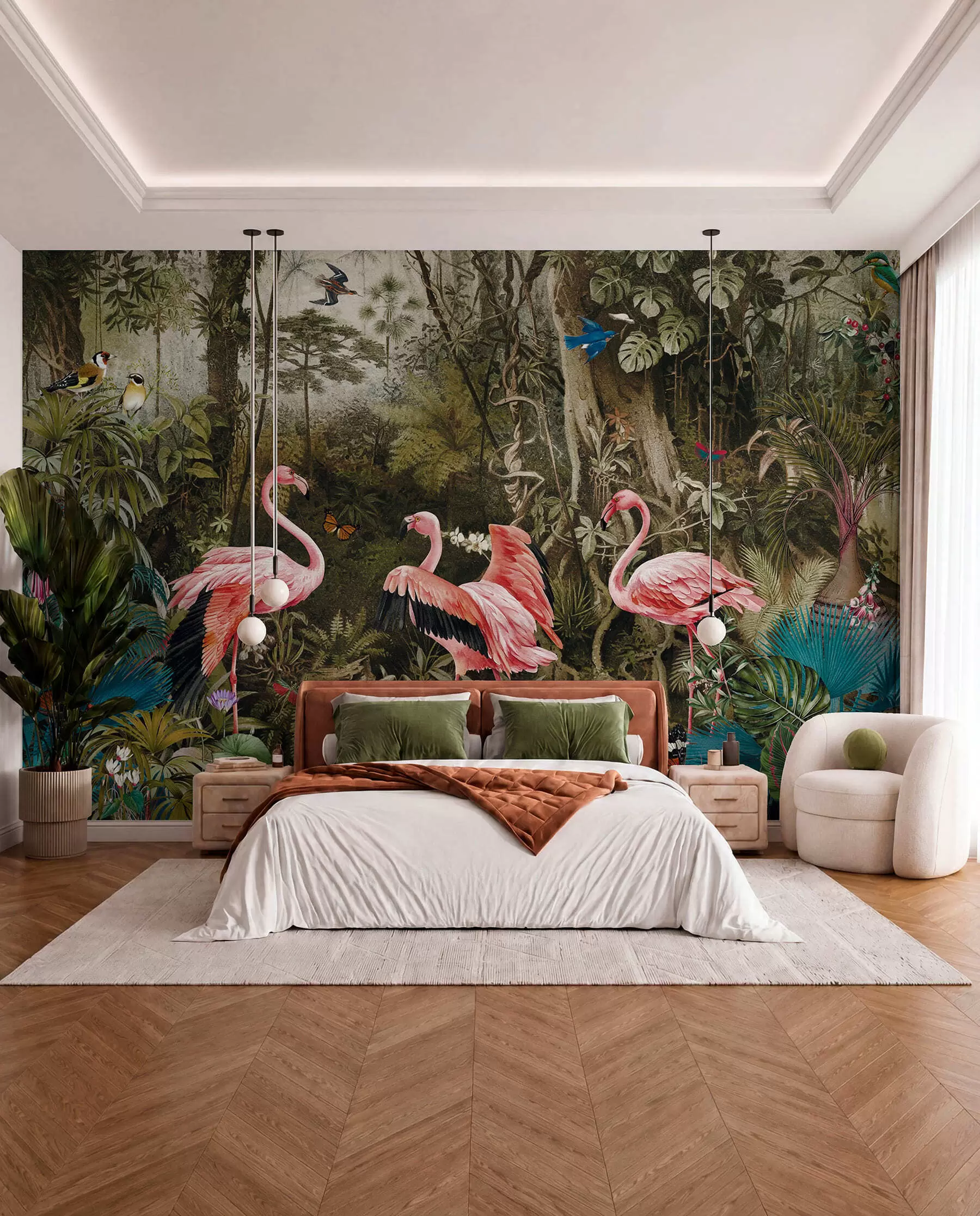 murales de pared Pájaros tropicales y flamencos en la jungla u73568