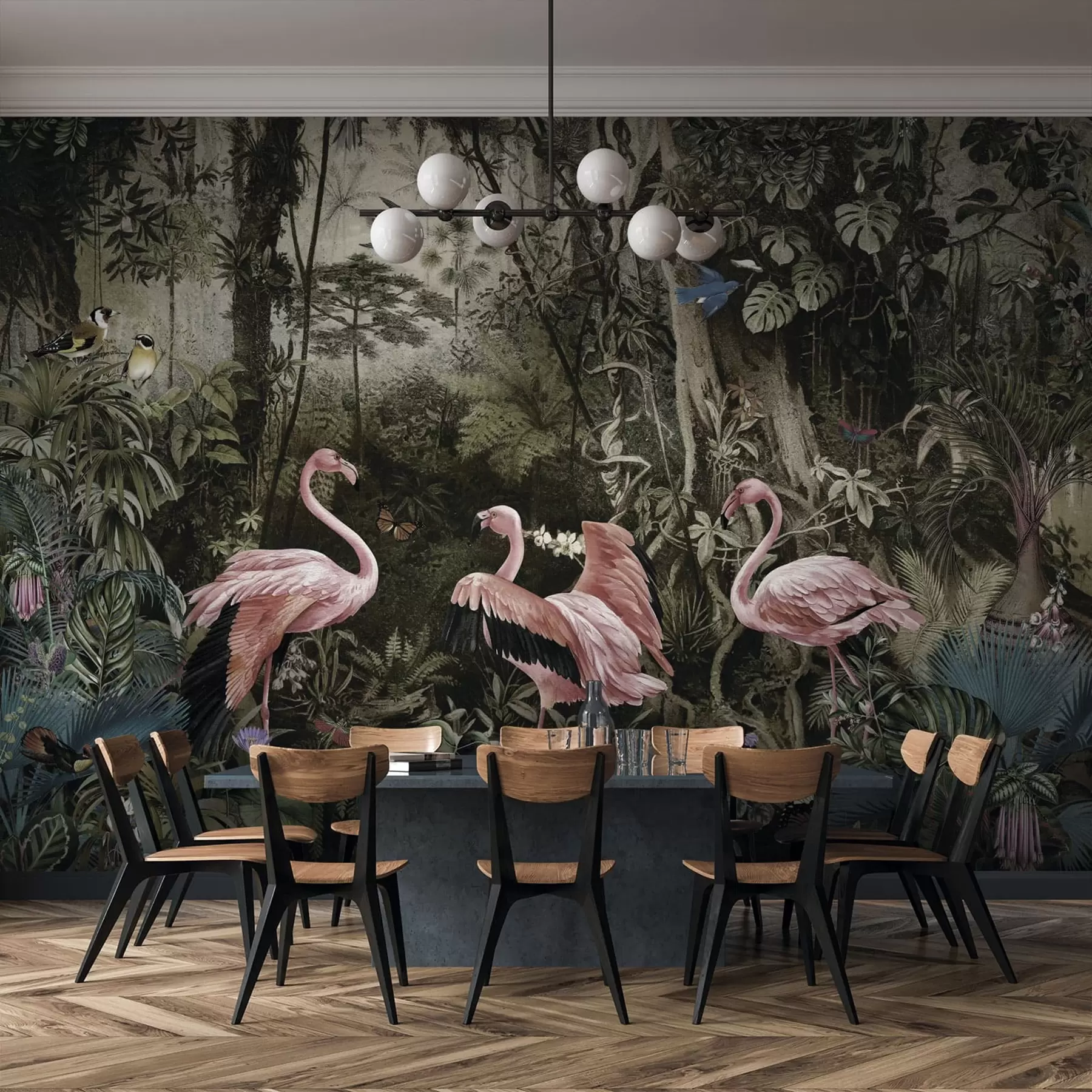 murales de pared Pájaros tropicales y flamencos en la jungla u73568