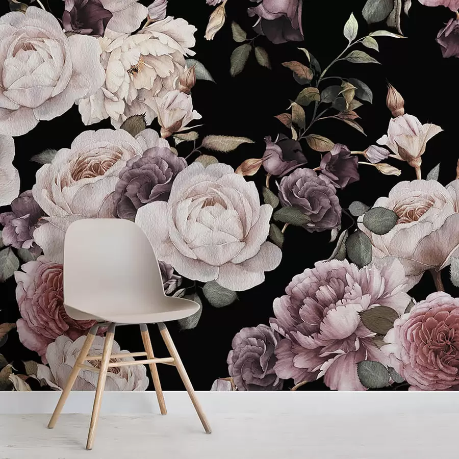 murales de pared Papel tapiz de rosa vintage - flores en tonos morados y rosados ​​- ideal para la cama y la sala de estar u93612