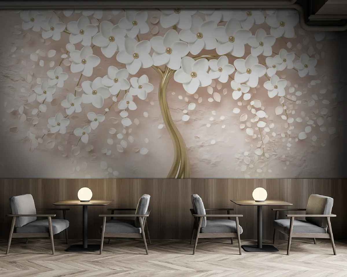 murales de pared Árbol con grandes flores en tonos rosados u37065v3