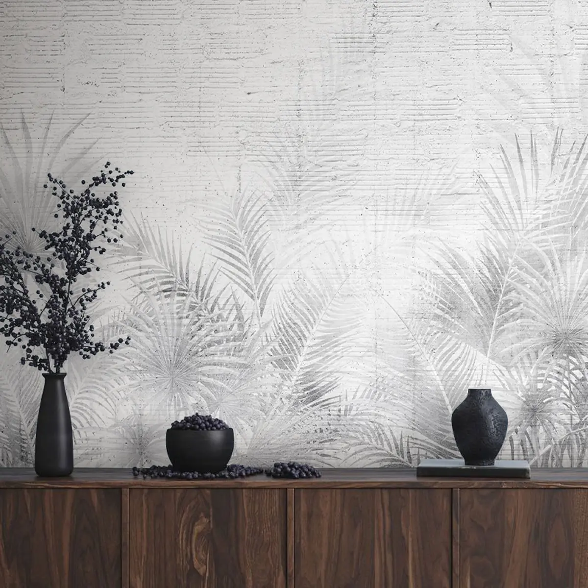 murales de pared Pared grunge en blanco y negro con hojas tropicales u74401