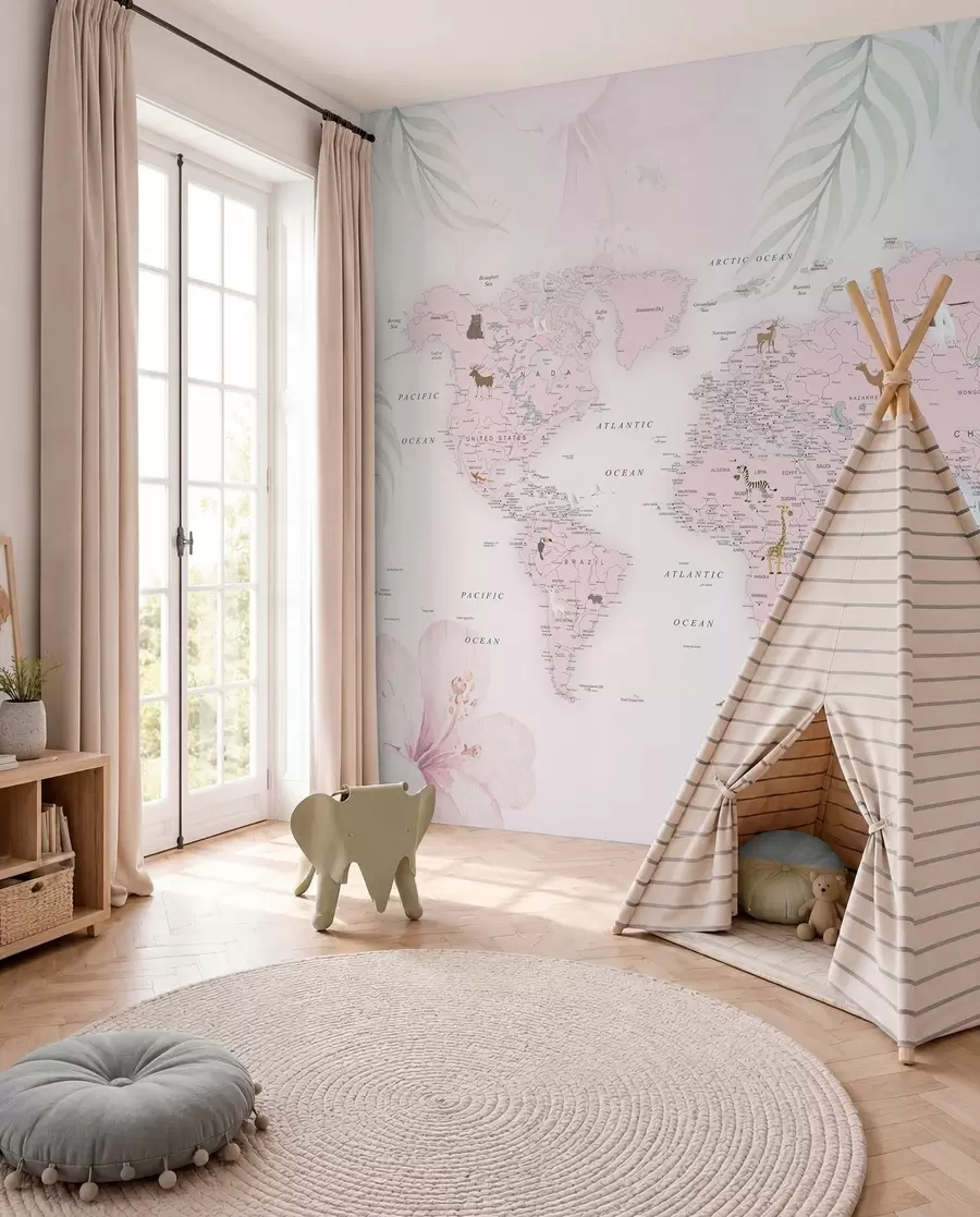 murales de pared Mapa mundial para niñas en estilo rosa u79832