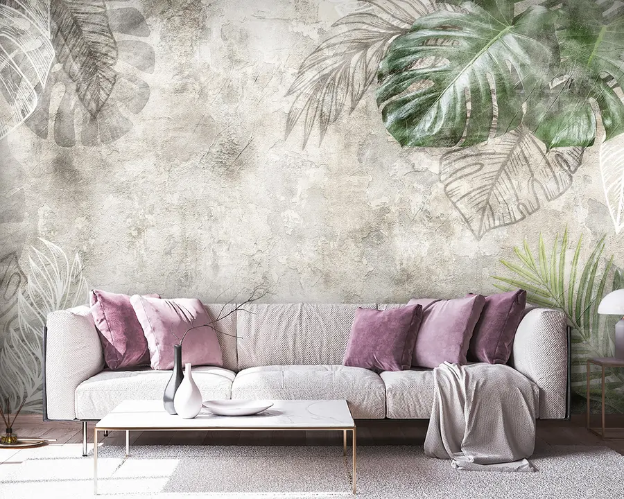 murales de pared Hojas tropicales en una pared envejecida u93964