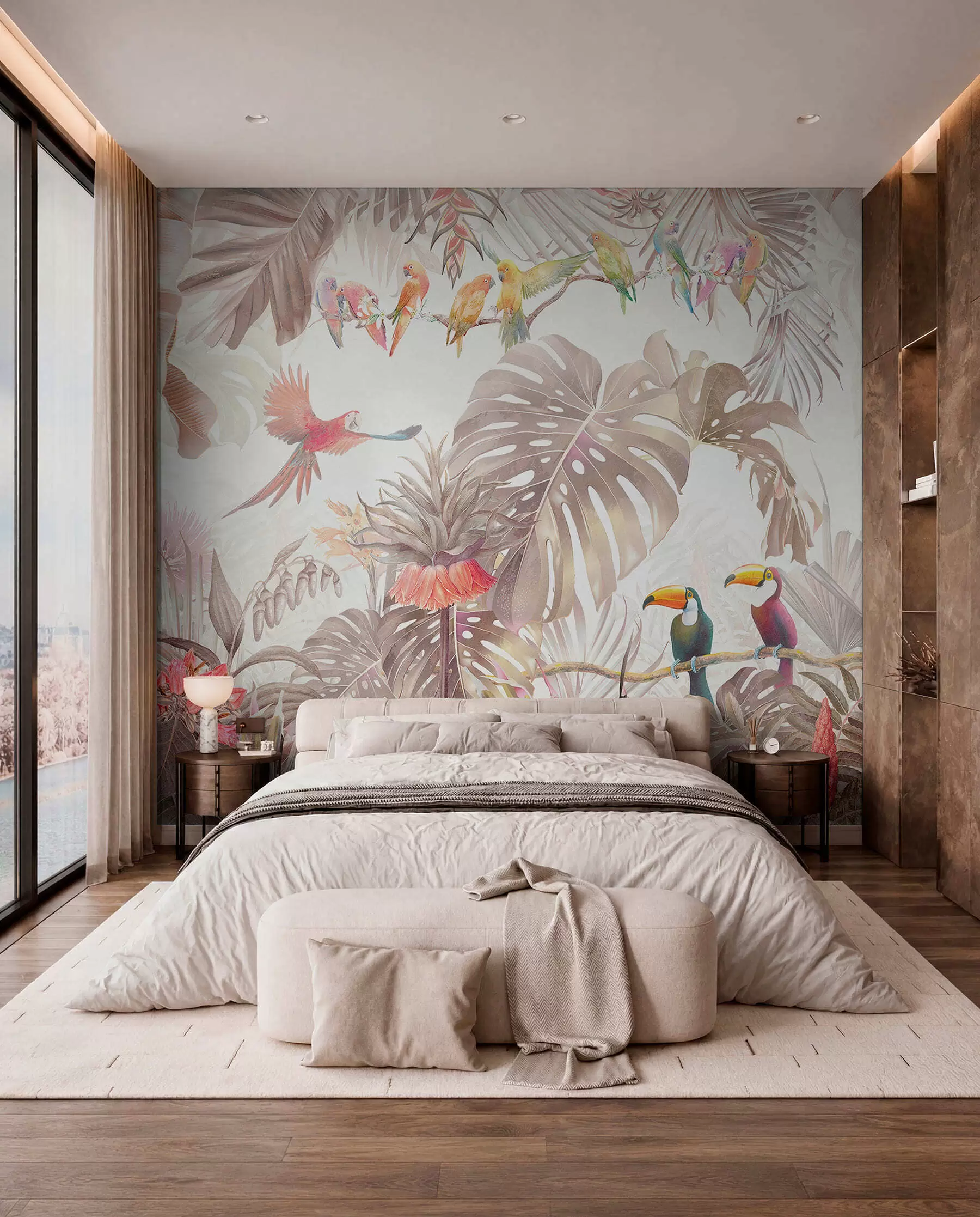 murales de pared Loros en una selva pastel u74490