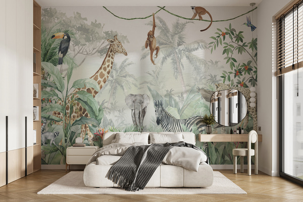 Fotomurale Papel pintado Panorama de la jungla con animales, Fotomurales Infantiles, u74709 : uwalls.com.ec