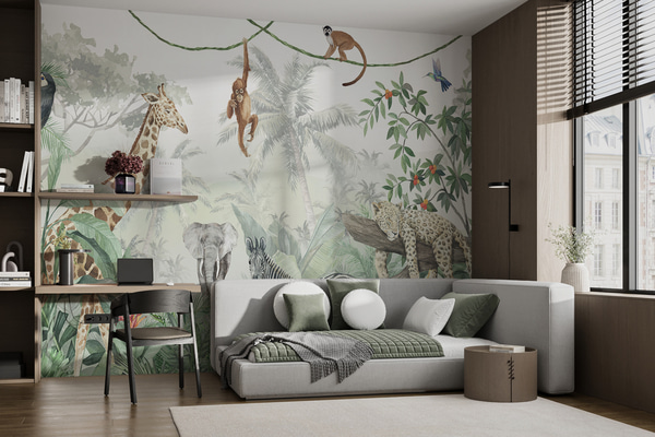 Fotomurale Papel pintado Panorama de la jungla con animales, Fotomurales Infantiles, u74709 : uwalls.com.ec