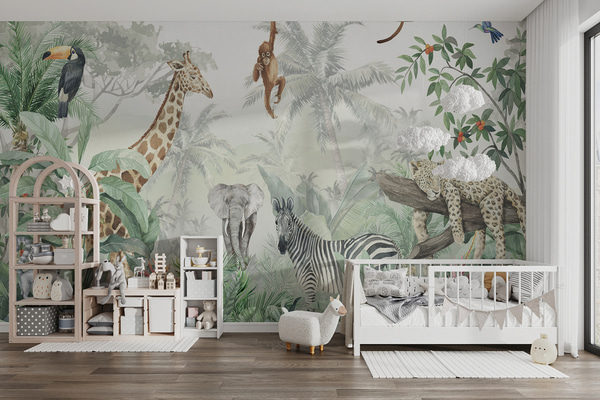 Fotomurale Papel pintado Panorama de la jungla con animales, Fotomurales Infantiles, u74709 : uwalls.com.ec