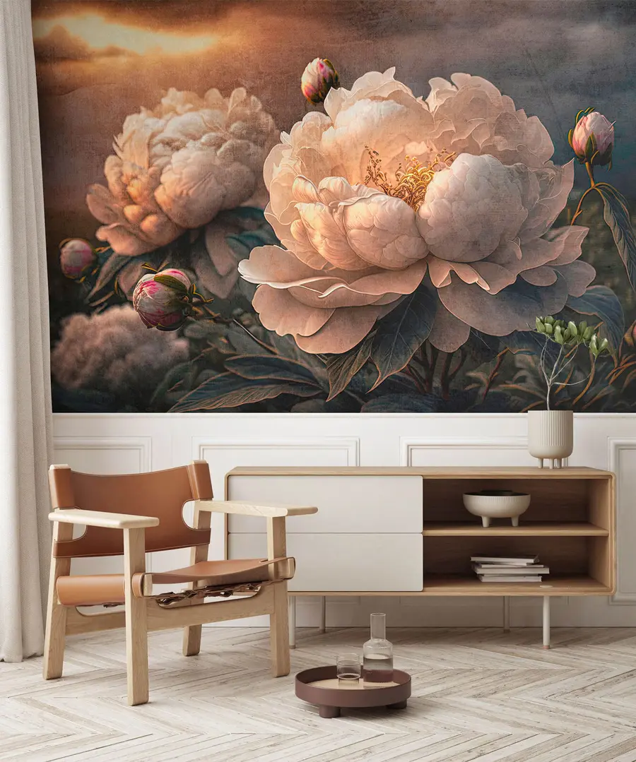 murales de pared Hermosas peonías blancas bajo los rayos del atardecer u74774