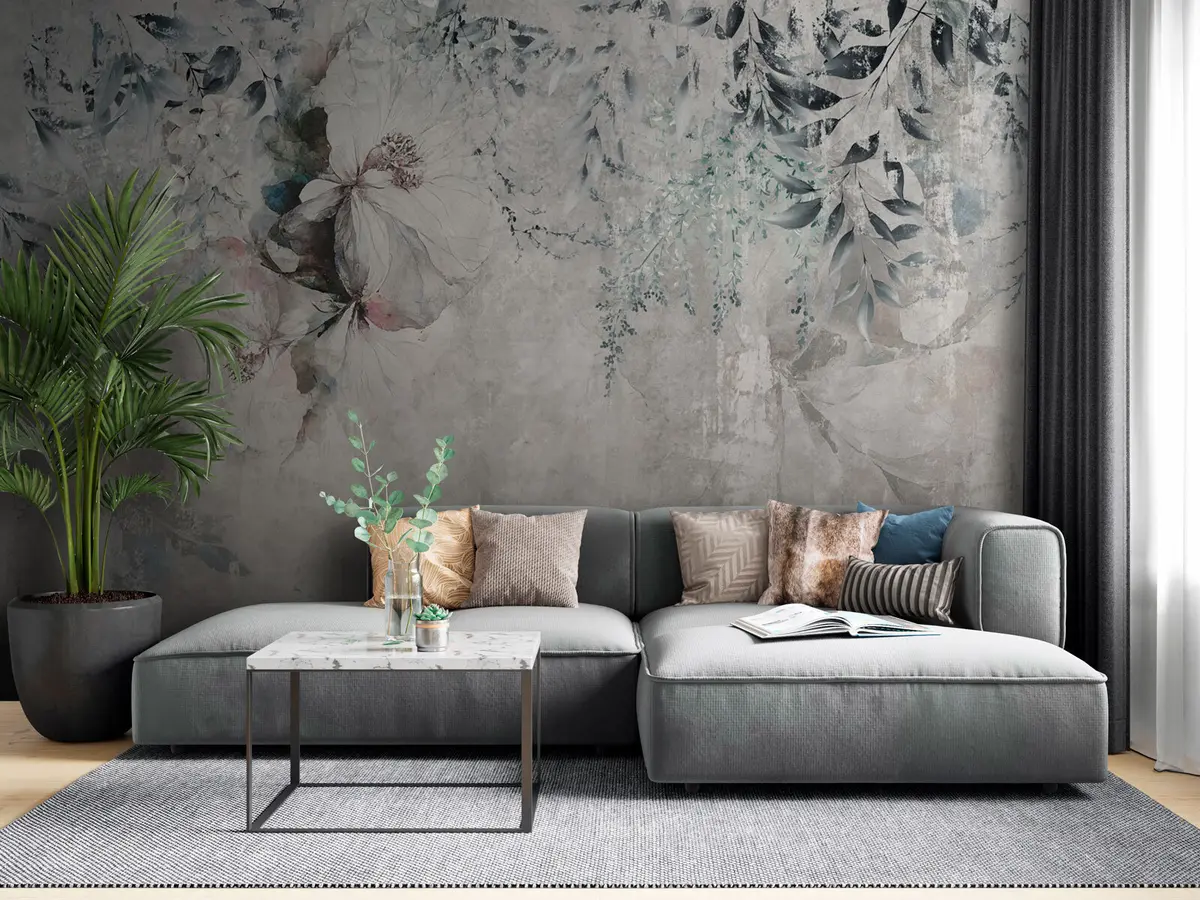 murales de pared Estilo grunge con ramas y capullos blancos u74746