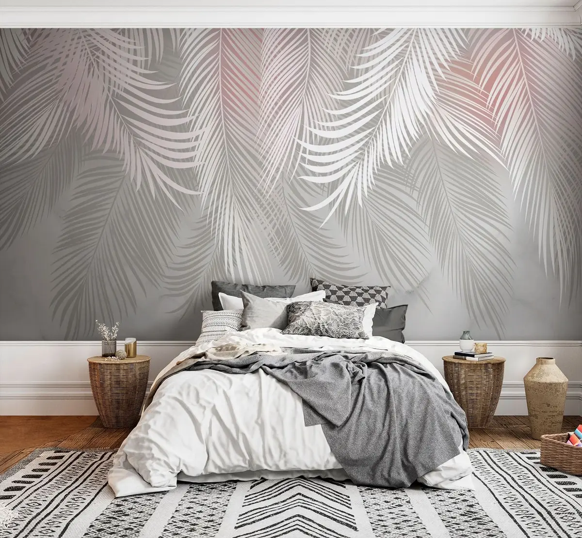 murales de pared Exclusivas hojas de palmera con un tinte rosado u94130