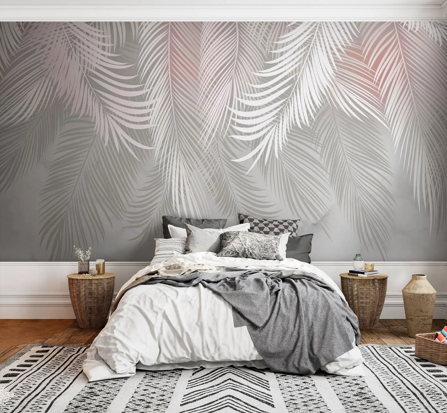 murales de pared Exclusivas hojas de palmera con un tinte rosado u94130