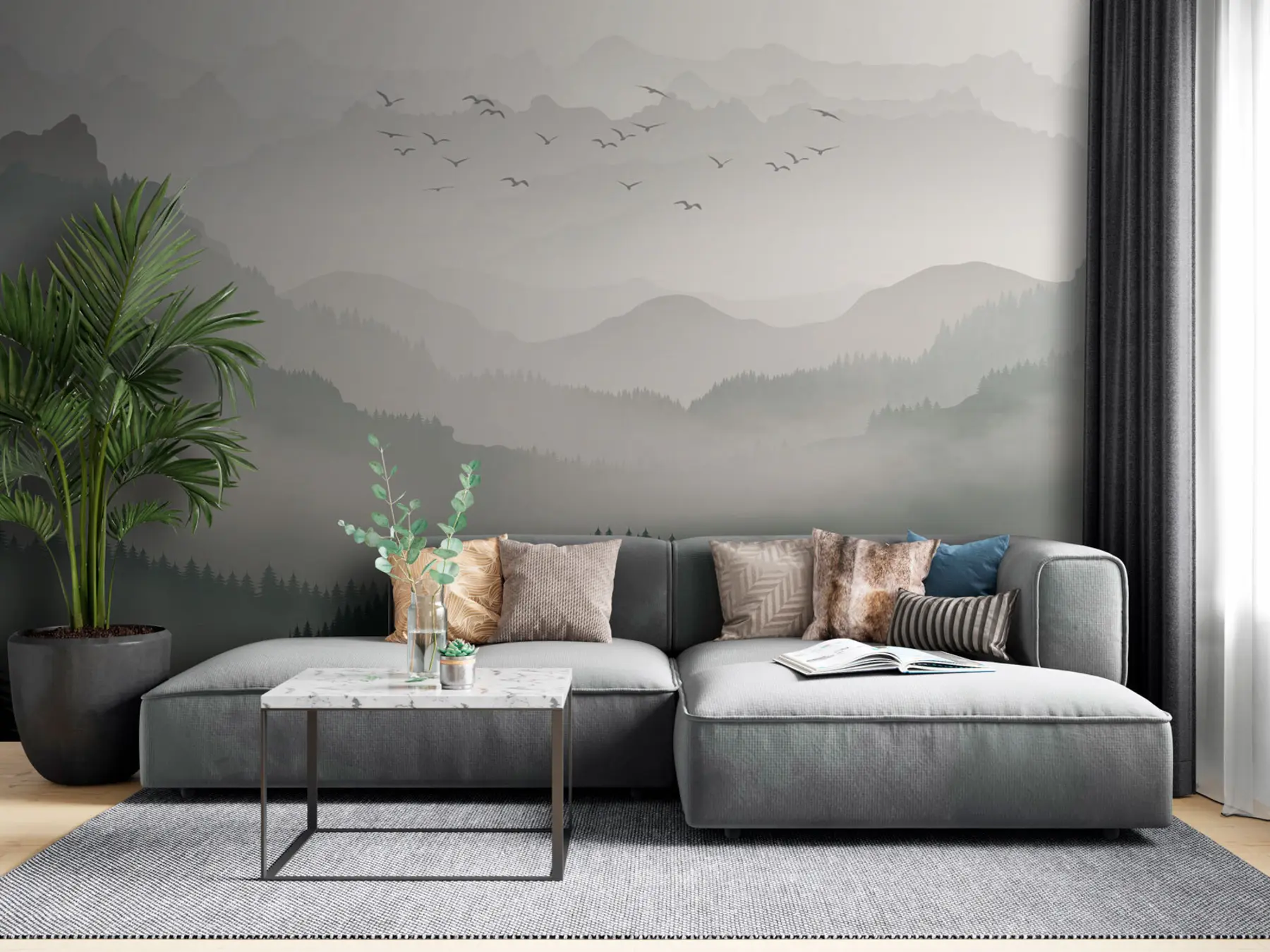 murales de pared Montañas en la niebla y un paquete de pájaros u94300