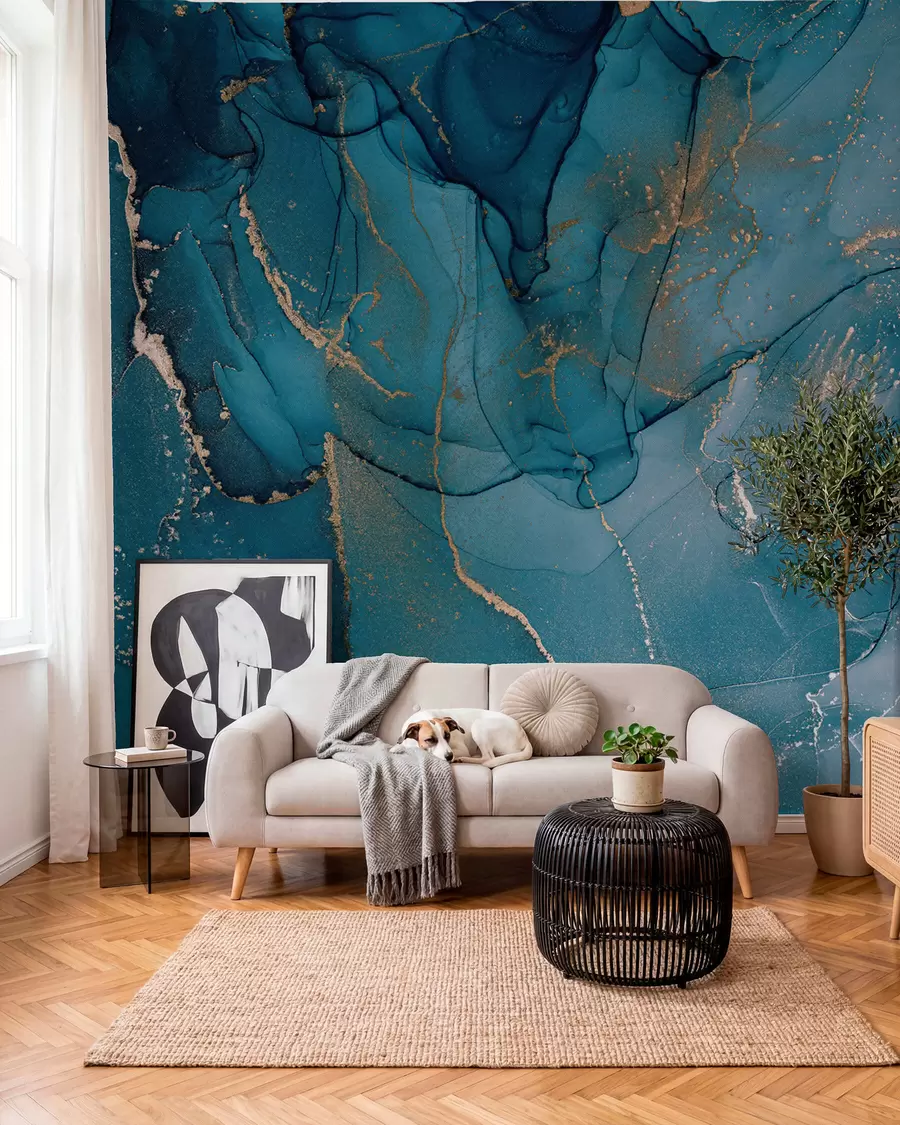 murales de pared Charcos de tinta azul verdosa u94262