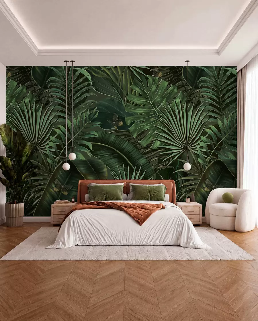 murales de pared Patrón tropical con palmeras verdes tropicales, hojas de plátano u94341