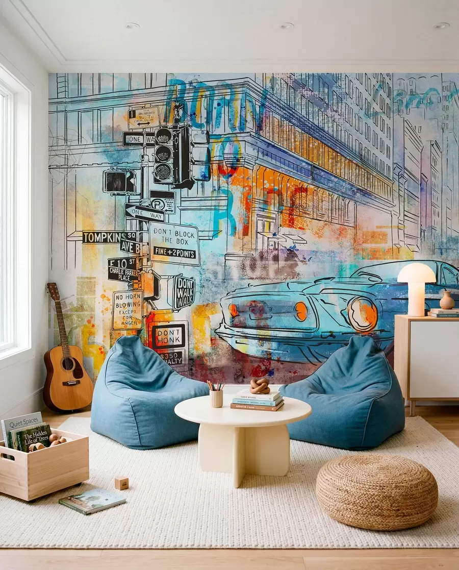 murales de pared Coche azul en grafiti u75814