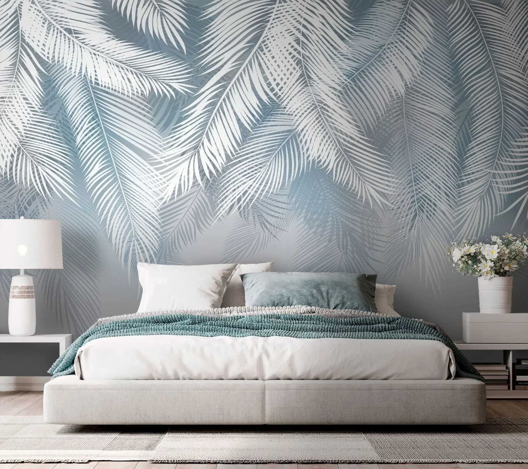 murales de pared Hojas de palma blancas y azules con textura grunge u94496