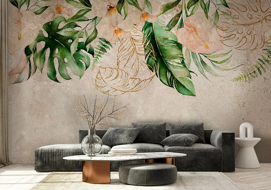 Murales de pared Hojas tropicales verdes y flores rojizas sobre un fondo blanco. u94409 murales de pared Hojas tropicales verdes y flores rojizas sobre un fondo blanco. u94409