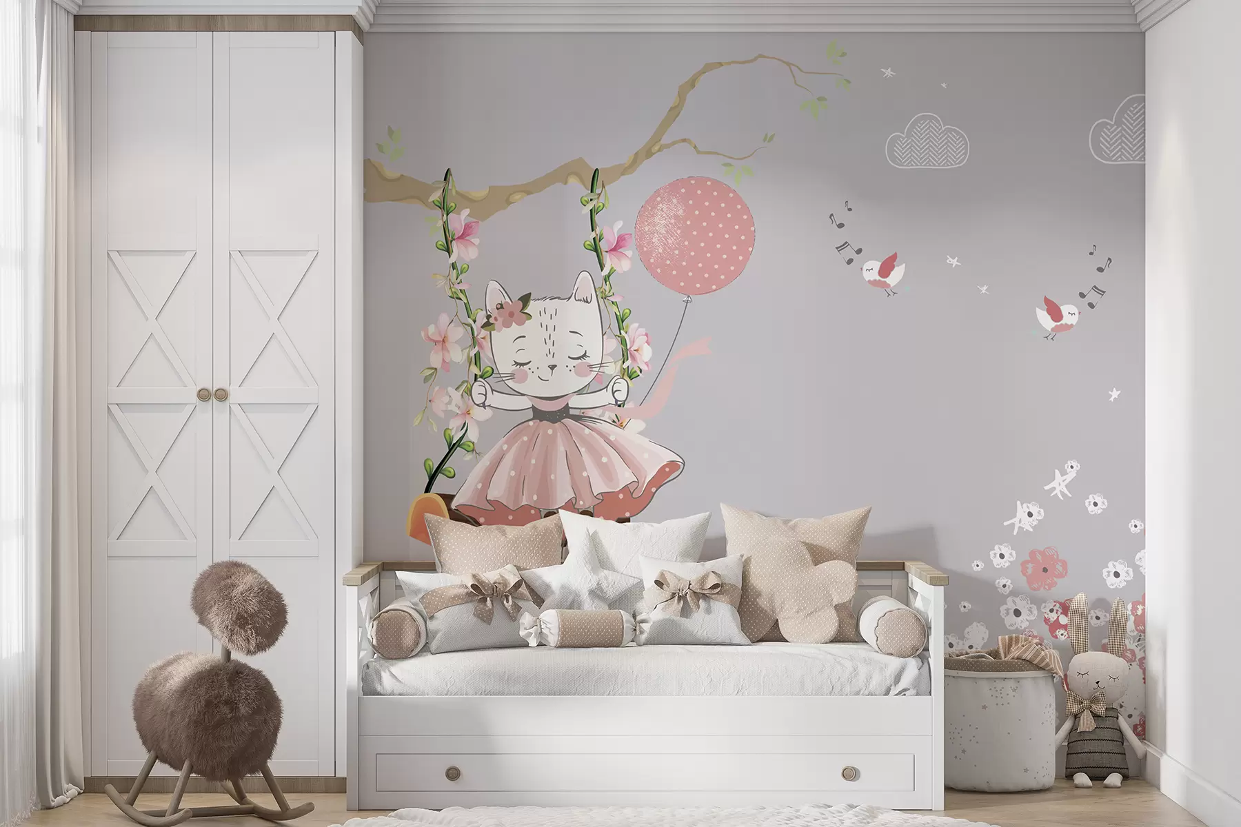 murales de pared Chica gato en un campo de flores u94361