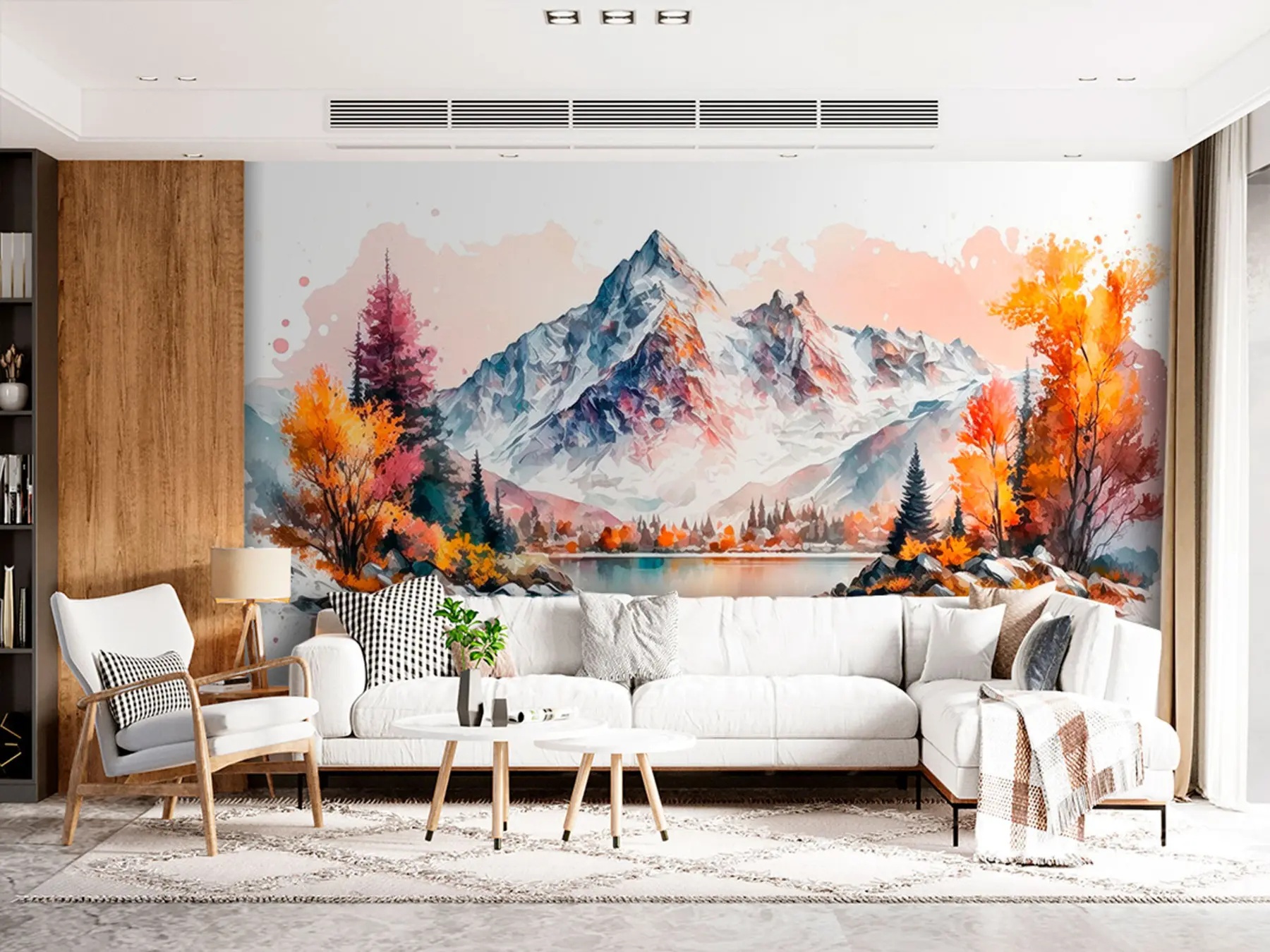 murales de pared Paisaje otoñal de montaña acuarela con nieve en los picos u94782