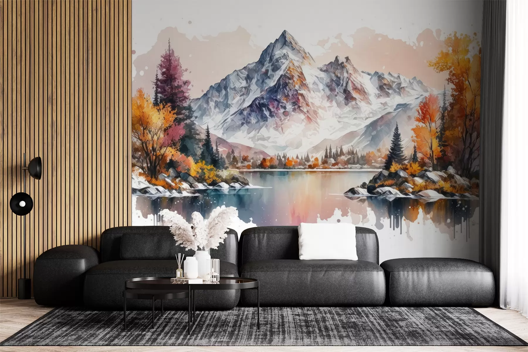 murales de pared Paisaje otoñal de montaña acuarela con nieve en los picos u94782