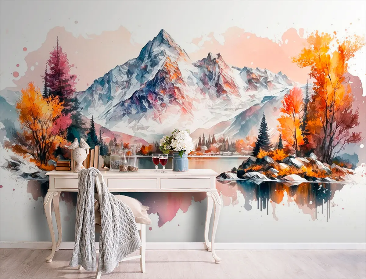 murales de pared Paisaje otoñal de montaña acuarela con nieve en los picos u94782