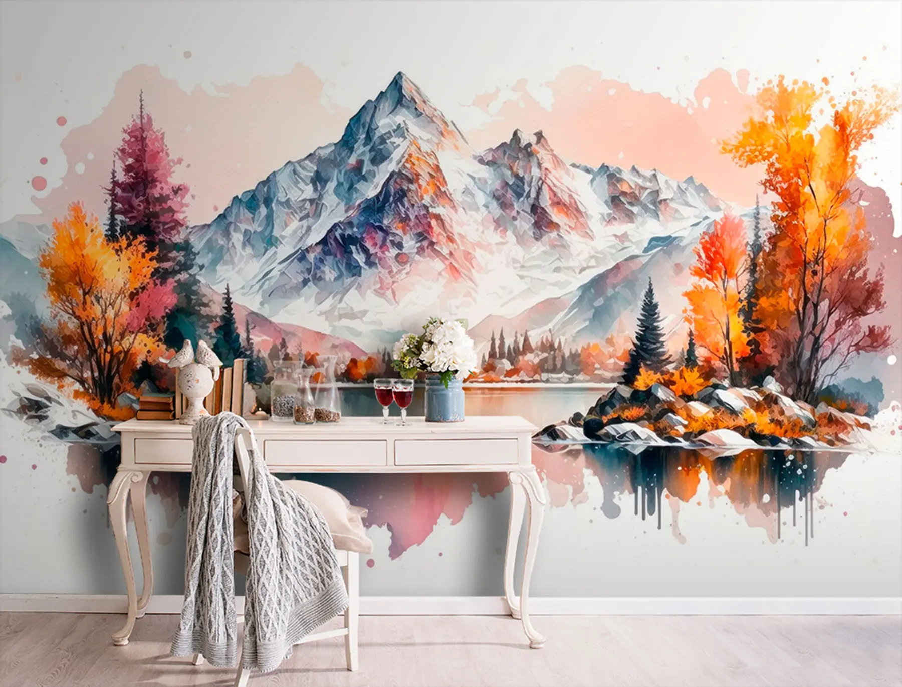 murales de pared Paisaje otoñal de montaña acuarela con nieve en los picos u94782