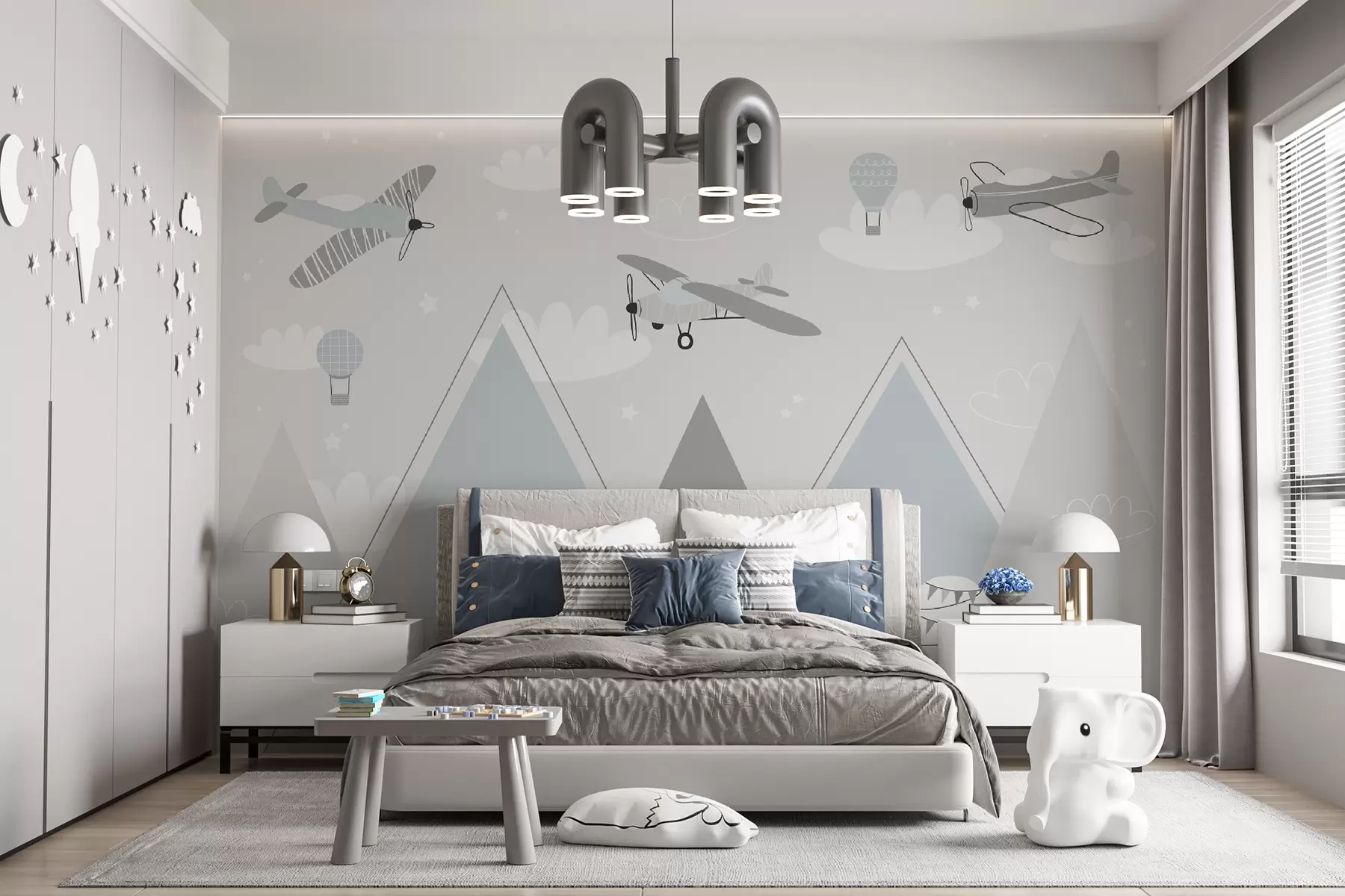 murales de pared Montañas, aviones, aviones y estrellas al estilo escandinavo u95044