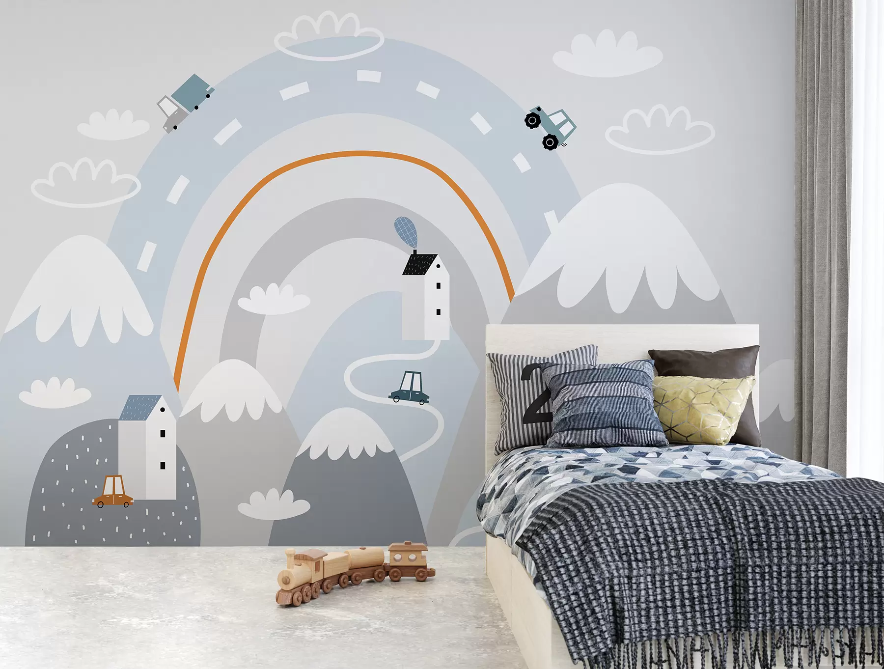 murales de pared Ciudad en las montañas, lindas casas al estilo escandinavo u95045