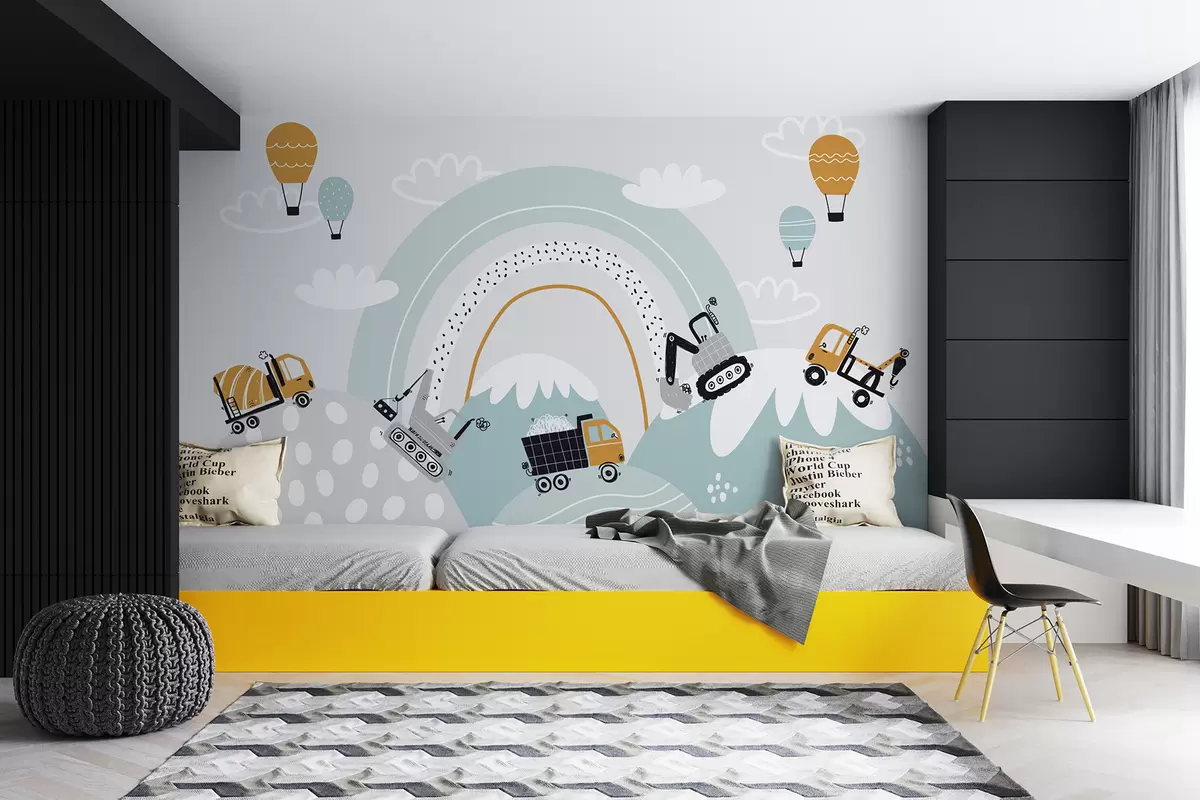 murales de pared Vehículos de construcción, paisaje montañoso, globos y nubes al estilo escandinavo. u95046