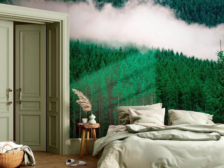 Murales de pared Bosque denso verde con pinos altos y niebla u95106 murales de pared Bosque denso verde con pinos altos y niebla u95106