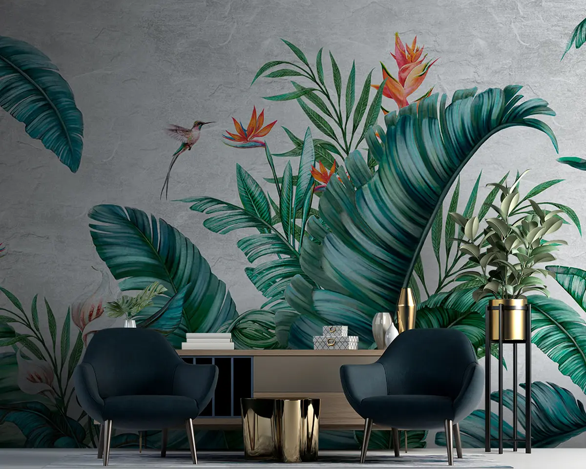 murales de pared Plantas y pájaros exóticos, selva y naturaleza salvaje. u95153